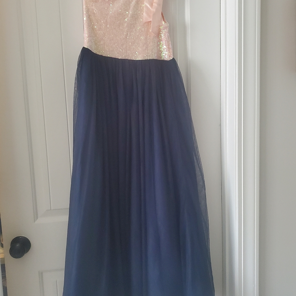 Big Girls One Shoulder Sequin Bodice Gown- Navy And Pink-w/navy Bolo Sweater
